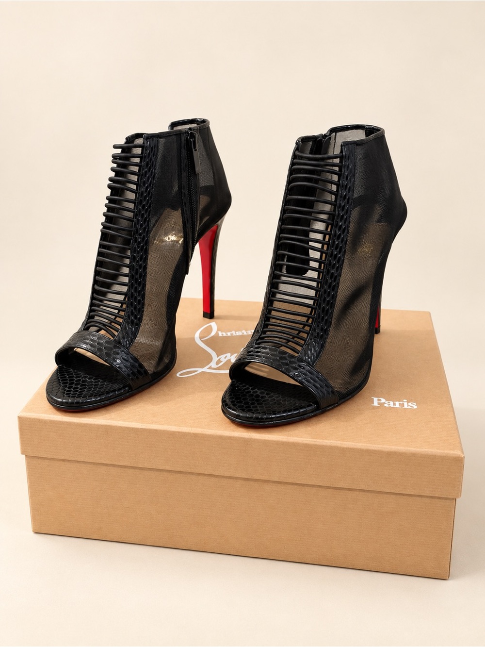 Christian Louboutin Black Mesh Strappy Peep-Toe Booties with Red Sole